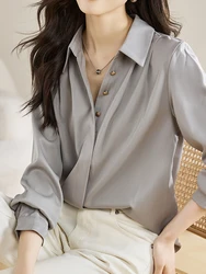 Fashion Elegant Chiffon Shirts Solid Color Ladies Grey Shirts Causal Women's Blouses Spring Long Sleeve Shirts Tops Blusas Mujer