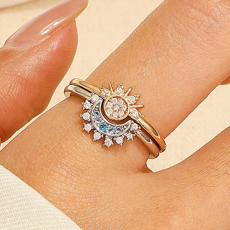 LATS New Adjustable Stackable Sparkling Moon Sun Star Ring for Women Girls Couple Elegant Jewelry Set Wedding Party Gifts