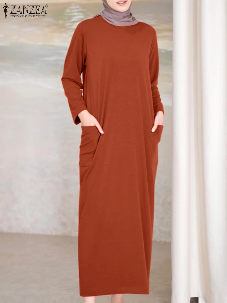 Fashion Autumn Muslim Hijab Dress Elegant Women Long Sleeve Solid Sundress ZANZEA Dubai Turkey Abaya Casual Midi Vestido Robe