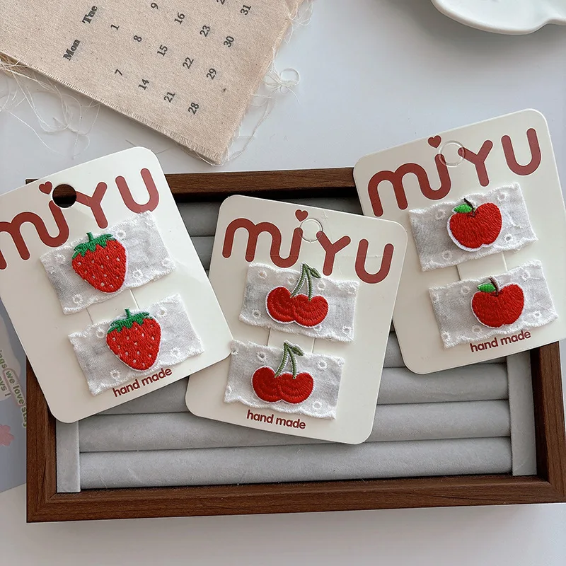 

2pcs/set Korean Fashion Sweet Lace Hair Clip for Little Girl Red Strawberry Apple Bang Side Clip for Baby Cute Hair Accessories