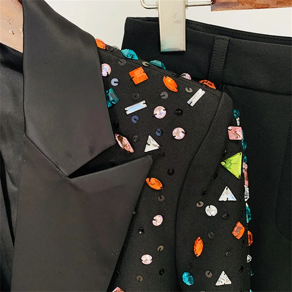 Blazer de botão único e calças Flare para mulheres, designer de diamantes de luxo, conjuntos formais de calças de celebridades, mais recentes, 2 peças, 2023