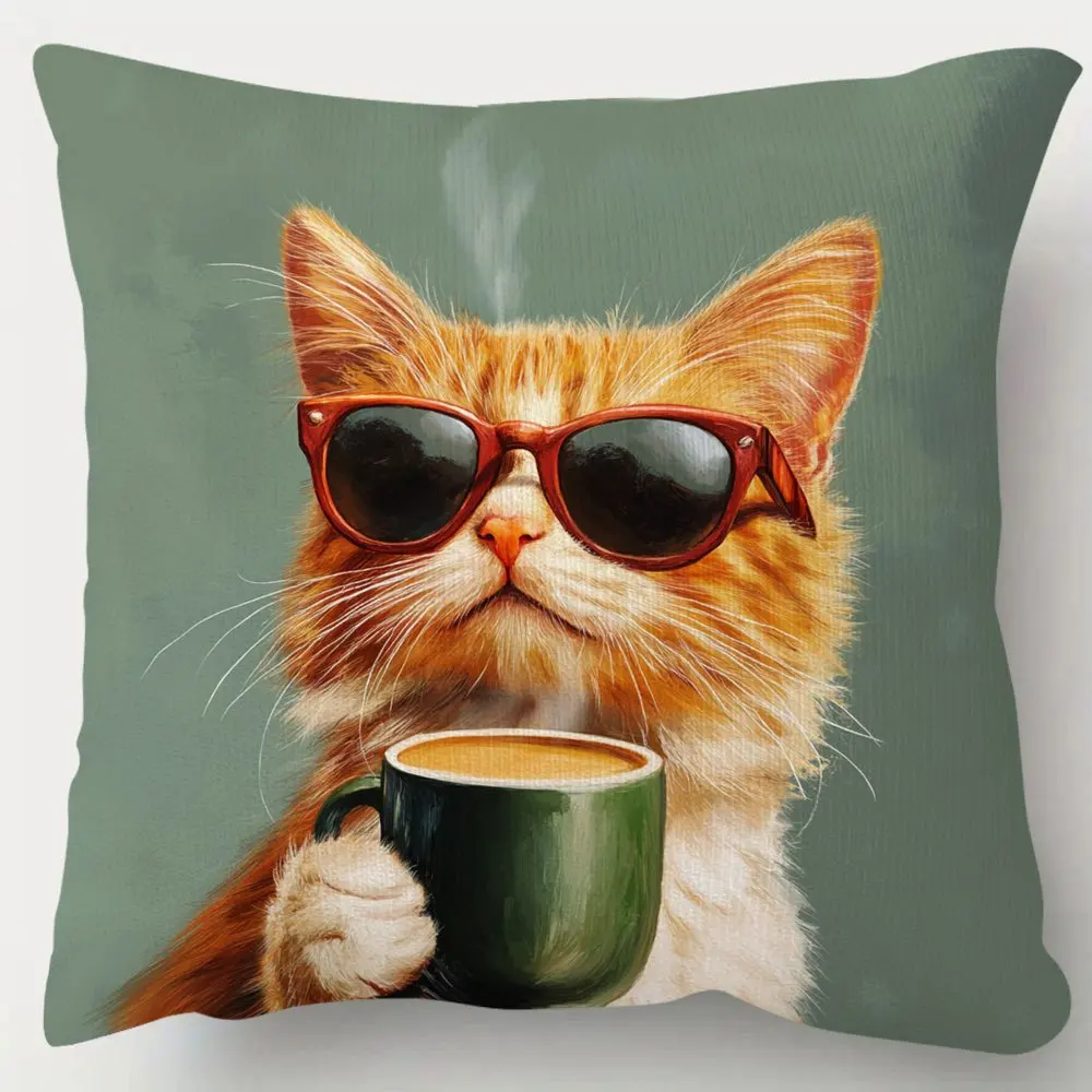Cool Cat with Coffee Mug Pillowcase, Funny Animal Cushion Cover, Hipster Cat Art Decor for Living Room Bedroom Sofa