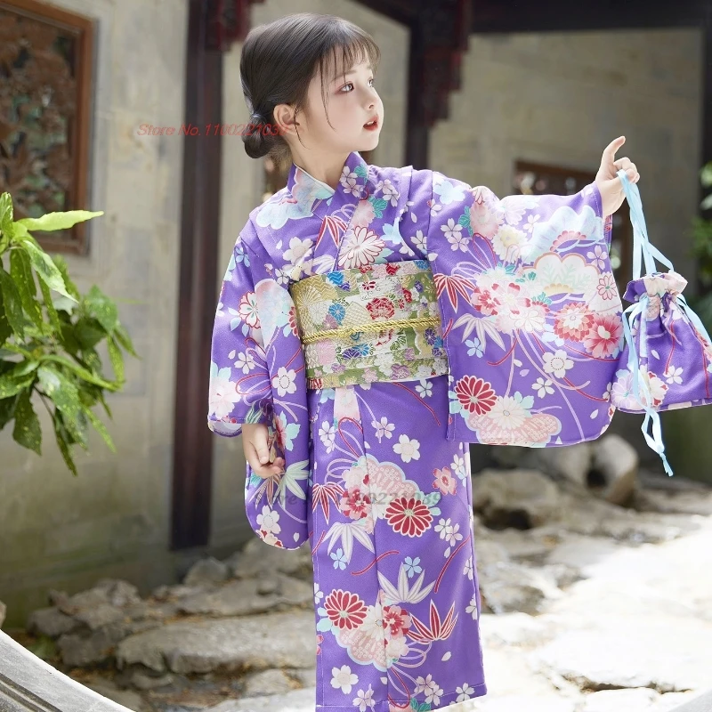 

2025 children traditional japanese kimono dress girl cosplay national flower print stage performance folk dress photography wear