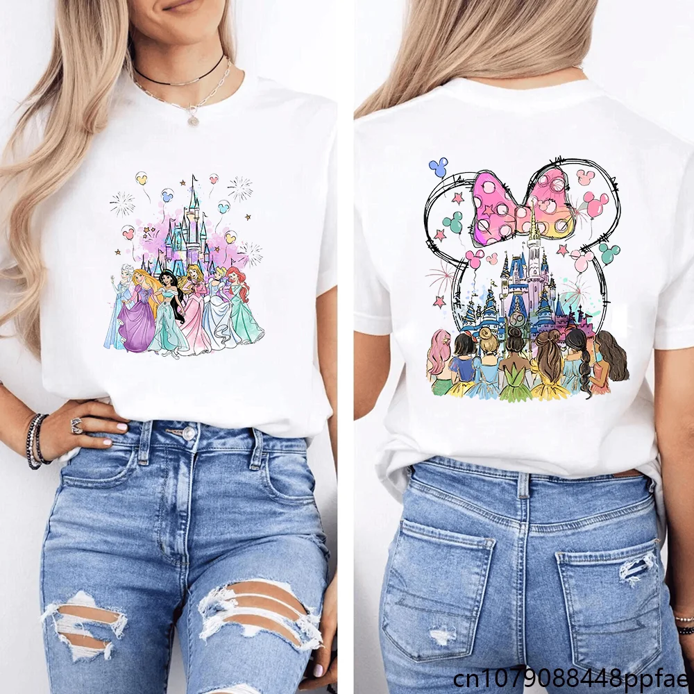 Damska moda Nowa urocza koszulka z nadrukiem księżniczek Disneya Koszulka z motywem zamku Disneya Urocza koszulka z głową Myszki Minnie