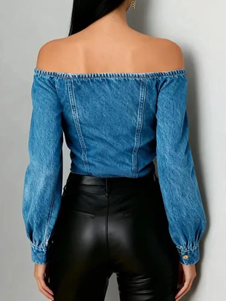 UOOZEE Women's Y2K Off Shoulder Denim Crop Tops Fashion Asymmetrical Hem Gold Button Long Sleeves Party Club Jean Blouses