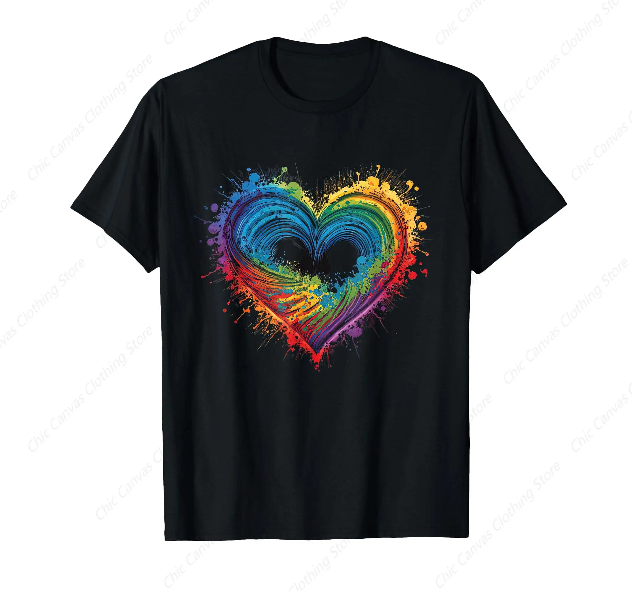 

Tie Dye Heart-Shaped Valentine'S Day Printed T-Shirt Couple Gift Black Shirt Pure Cotton Comfortable T Shirt