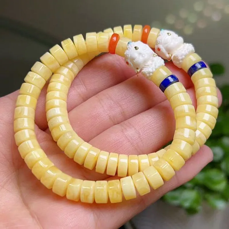 White Flower Amber Tablet with Mammoth Ivory Tara Bracelet