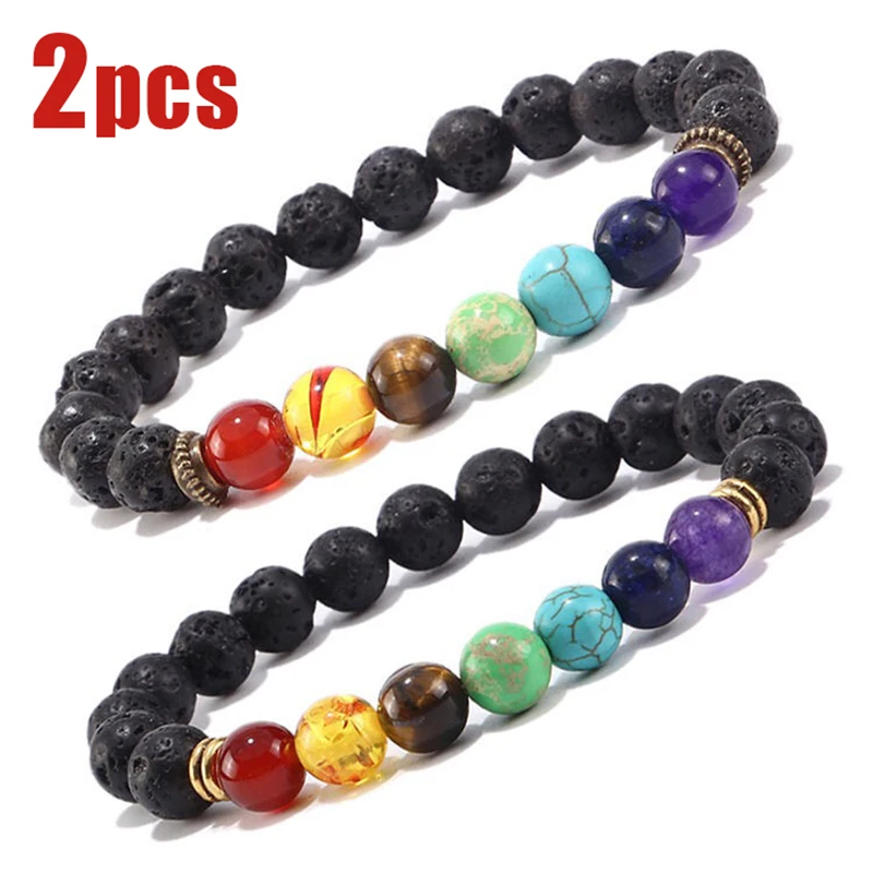 2pcs/set 7 Chakra Reiki Healing Stone Bracelet Yoga Balance Energy Natural Volcanic Stones Beads Jewelry Planet Beaded Bracelets