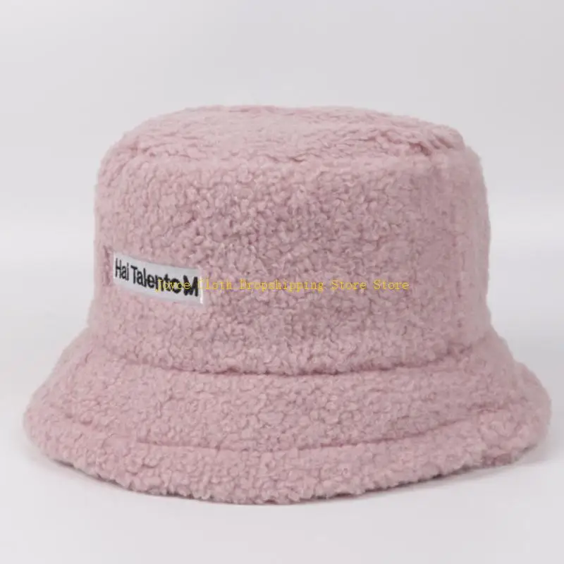 

Women Winter Warm Faux Fleece Bucket Hat Letters Label Solid Color Fisherman Cap 10CD