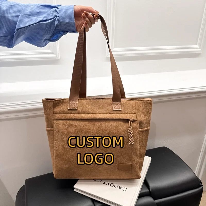 Custom Logo Vintage Suede Fabric Shoulder Tote Bag Multi Storage Pocket Drawstring Zipper Pocket Large Capacity Shopper Handbags