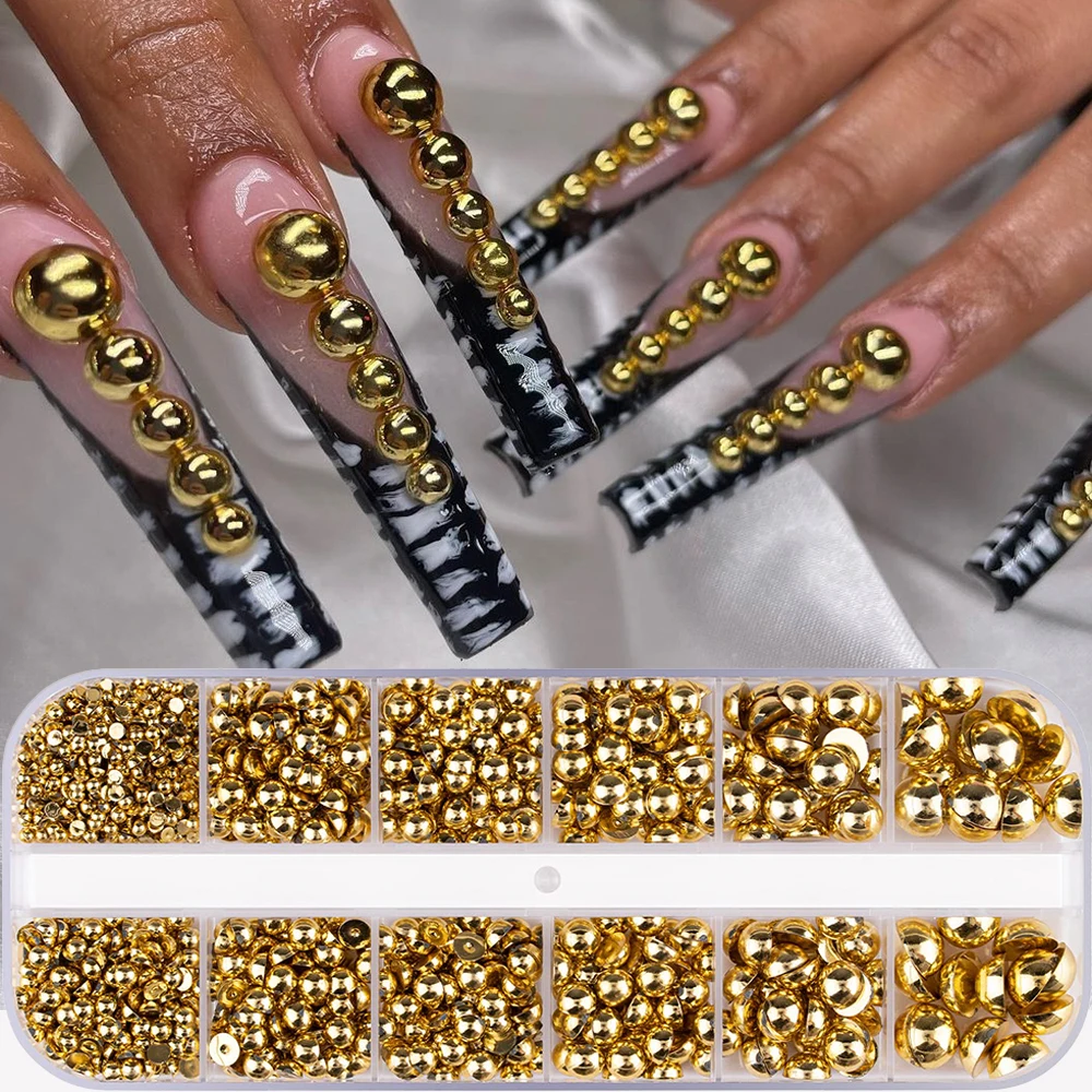 

12Grids Gold Half Round Pearls Nail Accessories 3D 6 Size Metal Caviar Bead Nail Charms Flatback Steel Bead Ball Nail Decoration