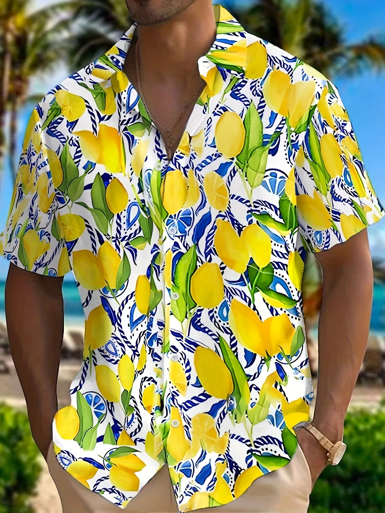 Men White Lemon Blue Rope Pattern Fresh Summer Print Cuban Collar Beach Shirt