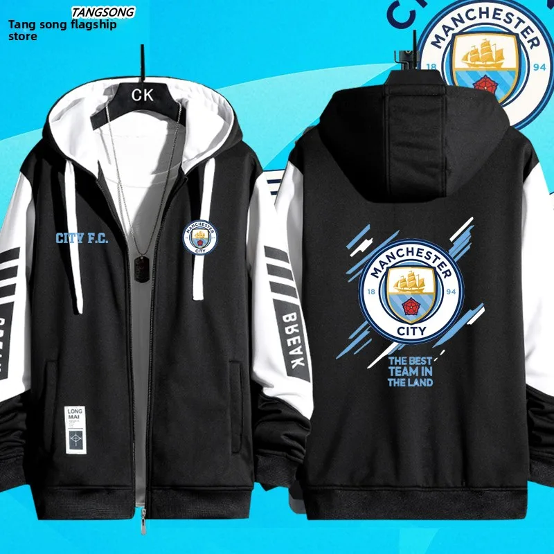 

New 2324 Manchester Ci Fooall Zip-Up Hoodie Jaet Men's Casual Sports Wear Training Clothes Windproof Polyester Long Sve