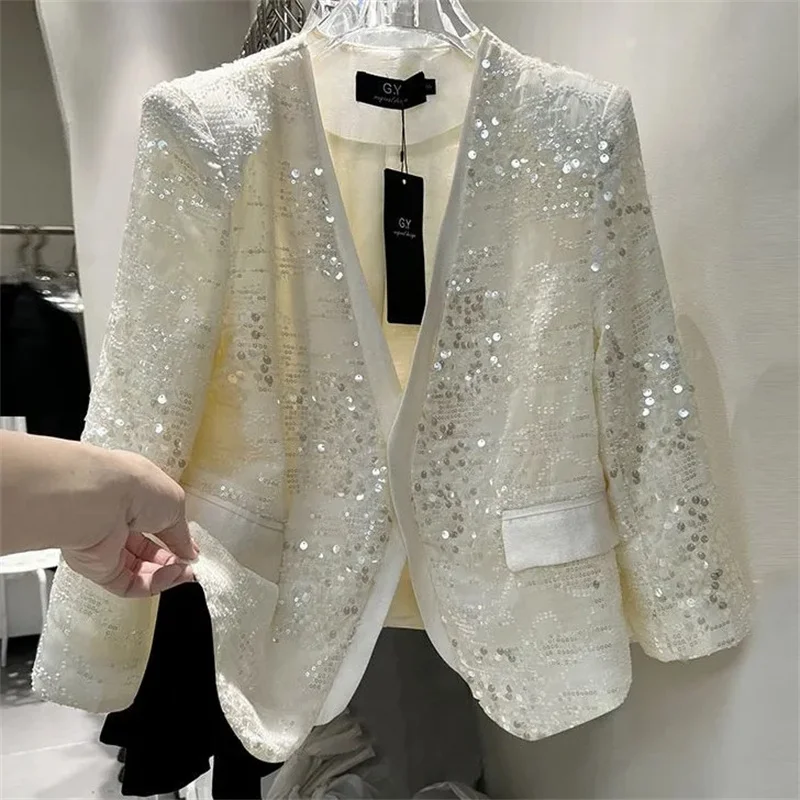 

2024 Spring/Summer Female Thin European Short V-neck 3/4 Sleeves Sequin Coat Women Celebrity Western Style Loose Cardigan Jacket