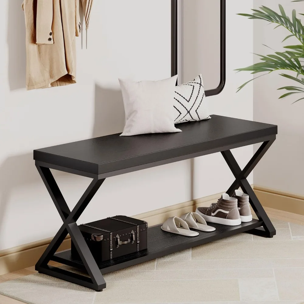 モダンなファームハウス風シューズ収納ベンチ、玄関、寝室、廊下、ホール用 - ブラックウッド製ホームオーガナイザー、玄関用シューズ収納付き