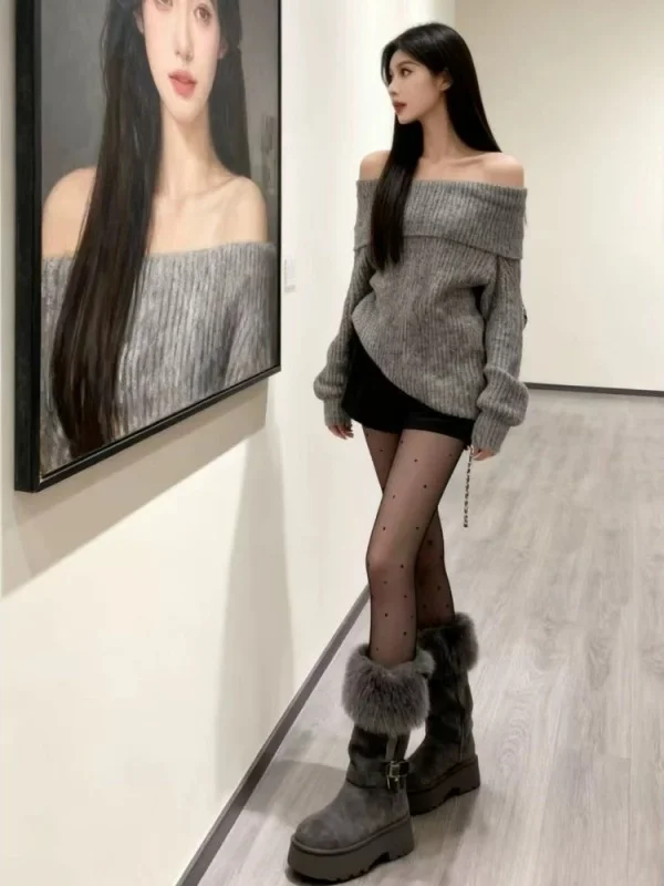 

Женский корейский свитер-пуловер с одним открытым плечом, весенний, свободный, повседневный, укороченный, с длинным рукавом, на одно плечо