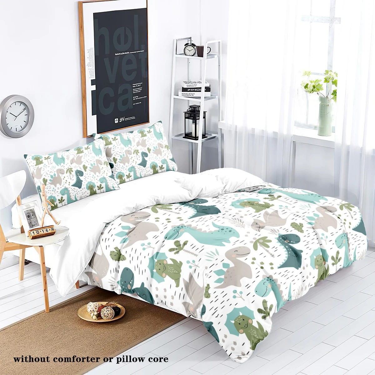 3-piece down duvet cover set with cartoon dinosaur lion pattern print (1 duvet cover+2 pillowcases, no core) soft bedding set