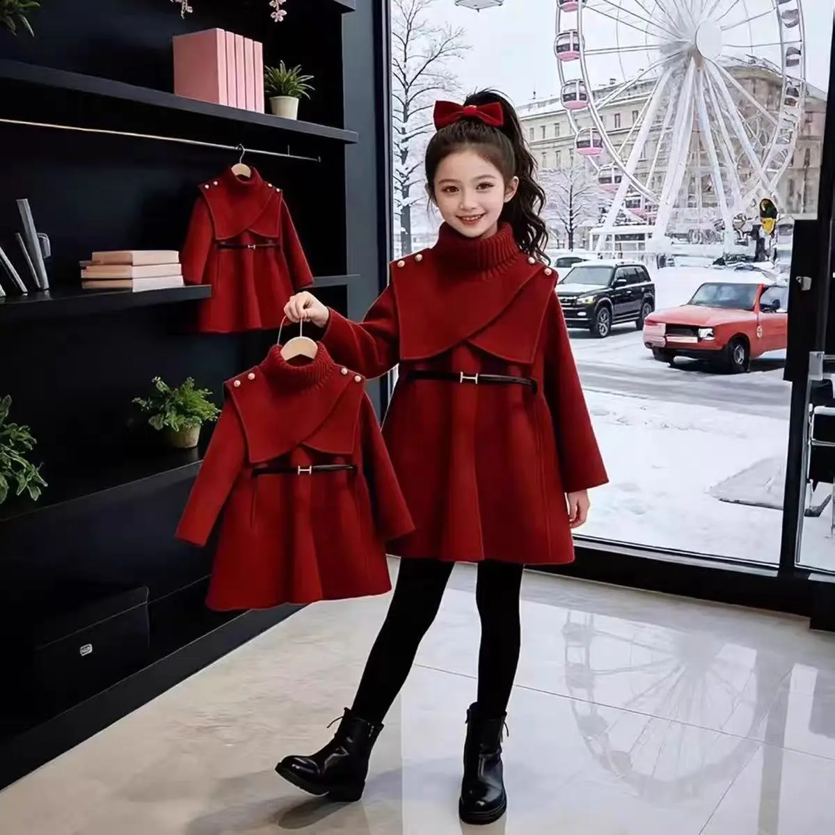 Girls' Woolen Coat Autumn/Winter New Collection Children's Cloak Solid Color Medium Length Coat