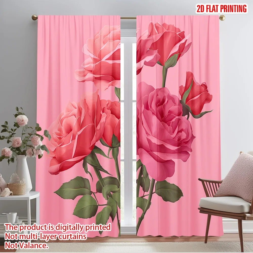 2pcs,2D plane printing Curtains&Window Treatment Pink Roses Bouquet Illustration Versatile Polyester Fabric (without rod) Room