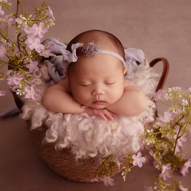 Fotografia noworodkowa Seersucker Wrap Miękki wełniany filcowy koc Baby Photo Head Flower Prop Baby Posing Basket Filler Akcesoria