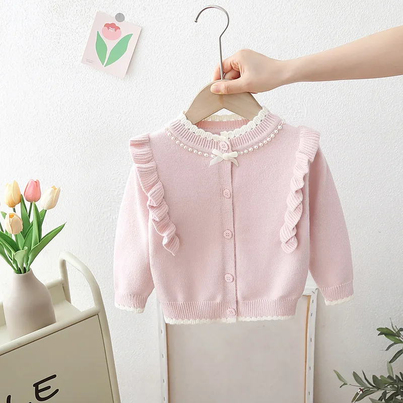 2024 Spring Autumn Baby Girls Knitted Jacket Fashion Casual Ruffles Outwear Long Sleeve Cardigan Tops Bow-knot Sweaters HY07161