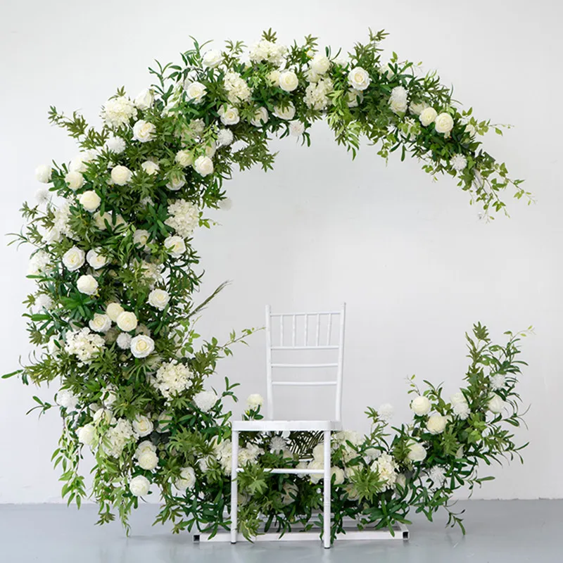 

Elegant Wedding Backdrop Decoration Moon Arch With Artificial Green Plant Rose Hydrange Flower Row For Party Window Site Layout