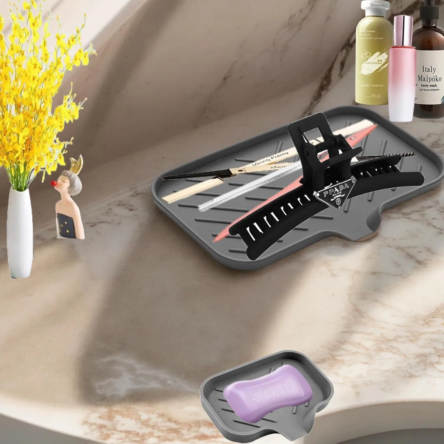 Silicone Sink Faucet Mat for Kitchen Sink, Fast Drying Splash Guard, Anti-Slip Drain Pad, Kitchen Sink Organizer Tray, Countertop Water Catcher Protector
