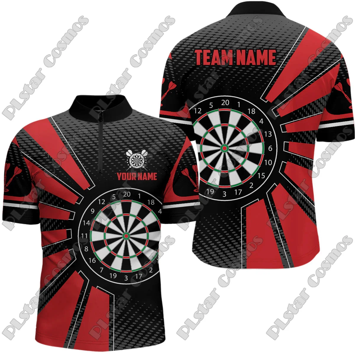 Personalized Name Black Red Grunge Style Darts & Dartboard 3D Printed Fashion Men Summer Zip Polo Shirt Dart Team Jerseys XKP10