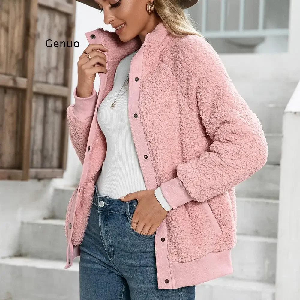 Women Autumn Winter Warm Button Fur Jacket Female Plush Overcoat Casual Outerwear Solid Faux Coat