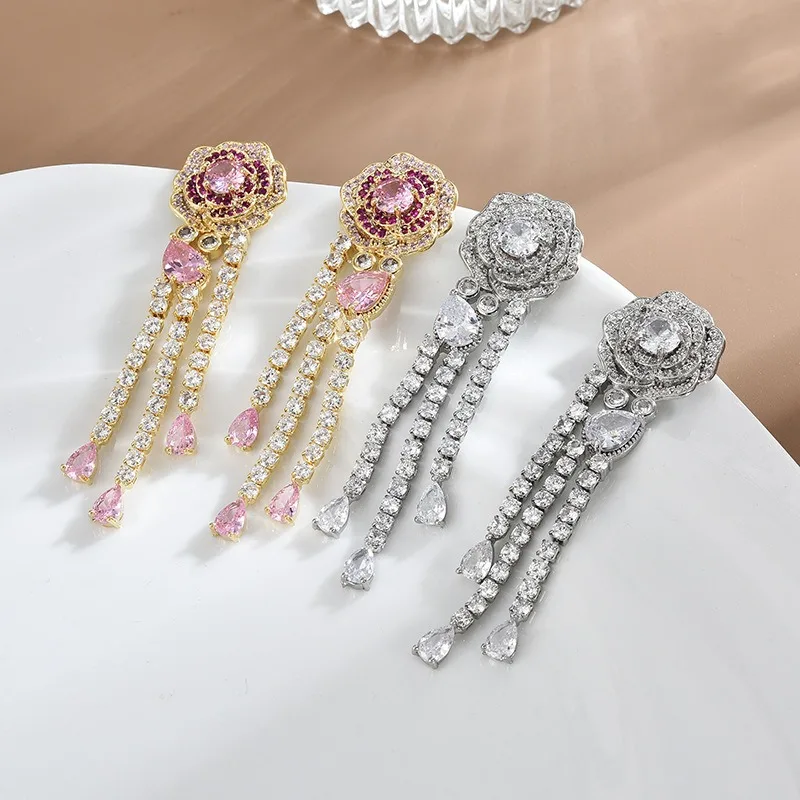 

Tassel Pearl Flower Purple Crystal Drop Earrings For Women Luxury Elegant Geometric Bowknot Earrings Ms Wedding Jewelry