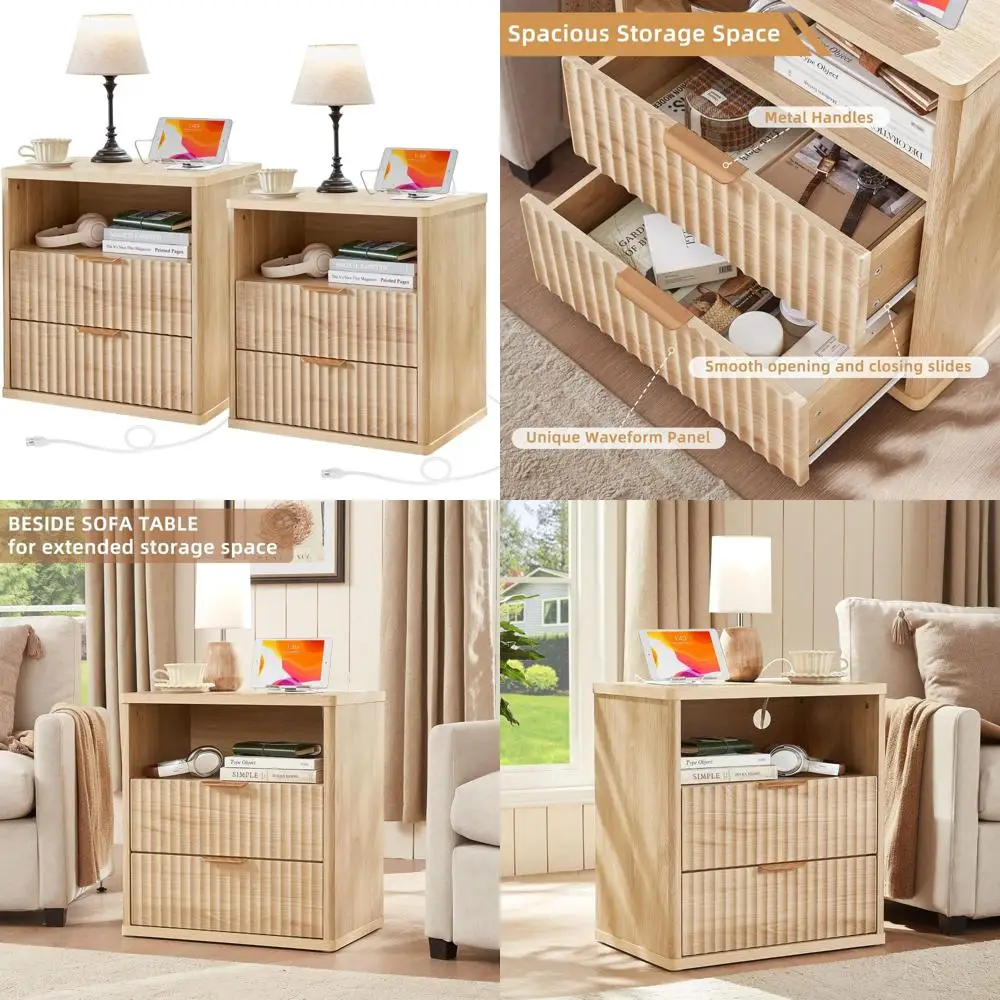 Charging Station Farmhouse Nightstand Set of 2, 23 Wide Drawer End Table, Natural Bedroom Dresser, Bed Side Table