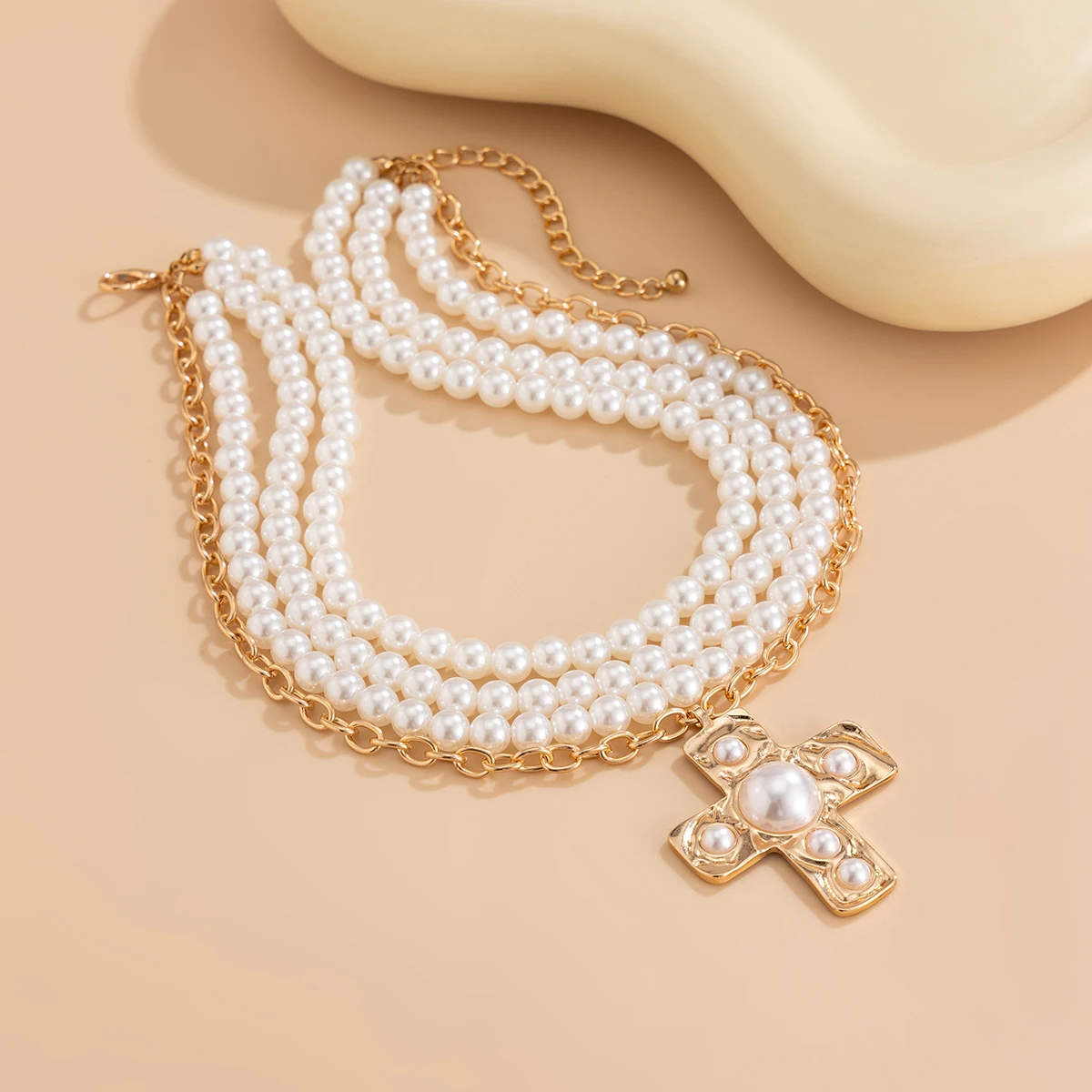 Elegant Multilayer Imitation Pearl Necklace with Cross Pendant