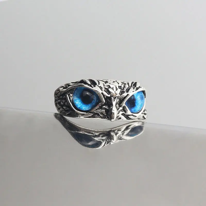 1Pcs New In Alloy Vintage Owl Blue Eyes Silver Color Ring for Men Women Cool Unisex Statement Opening Adjustable Anillo Jewelry
