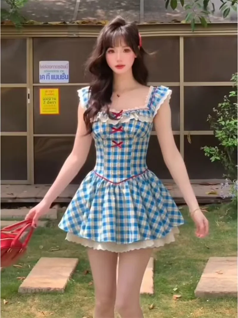 

Sweet Plaid Blue Slim Women Dress Lolita Mini Dress Summer Bow Lace Patchwork Y2k Dresses New Fashion Kawaii Vintage Clothing