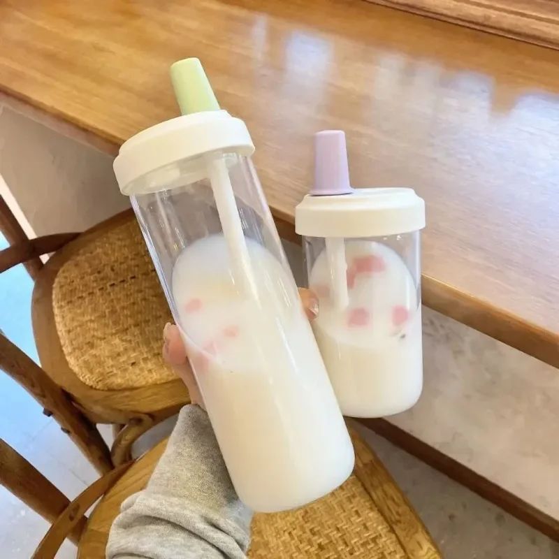 500/850ml Milk Plastic Cup with Lid Straw Leakproof Water Straw Bottles Fall Prevention Dustproof Large Capacity Water Bottle