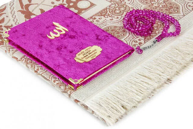 Pocket Oversize Velvet Yasin Book Name Plakalı Prayer Rug Prayer Beads Boxed Special Set Fuchsia