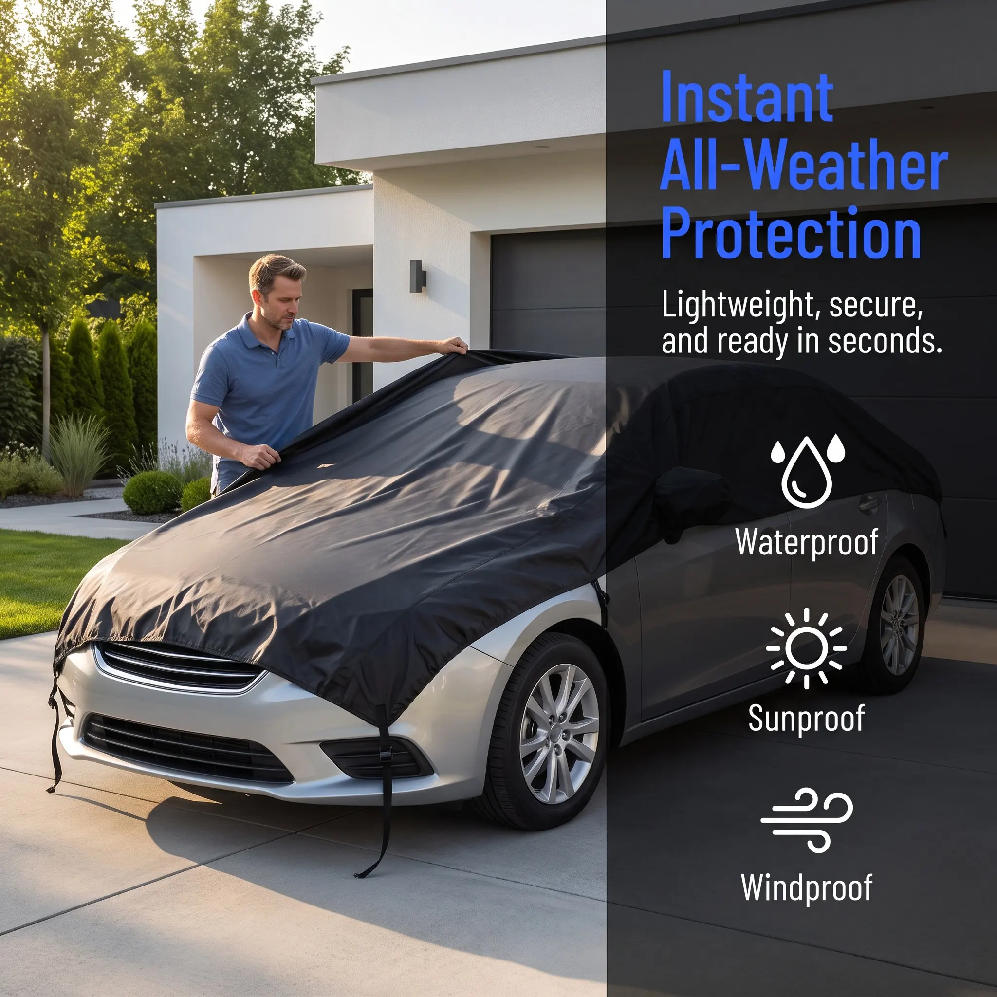 Car Half Body Sun Shade Cover Waterproof Uv Protection Rain Repellent Interior Cooling Magnet Secure Convertible Top Protector