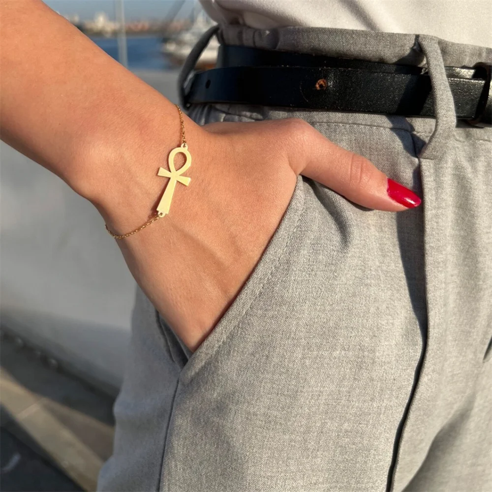 Tangula Ankh Cross Bracelet for Women Gold Color Stainless Steel Egypt Key of Life Chain Bracelets Vintage Egyptian Jewelry