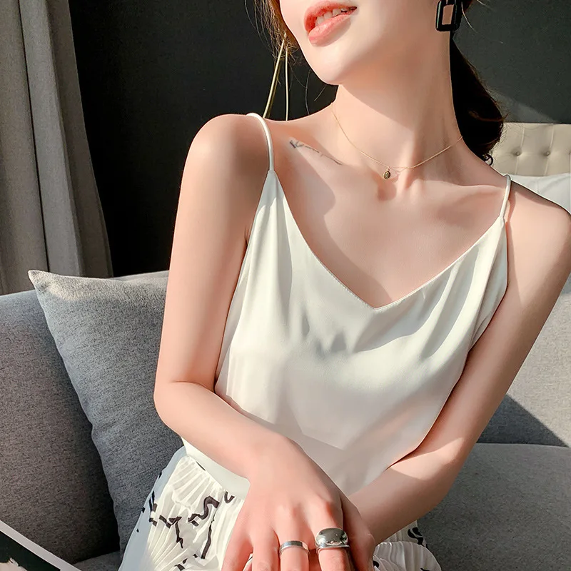 Colete de cetim de seda v-ne feminino solto ajuste interno terno superior sexy na moda verão outerwear commute sle cor pura