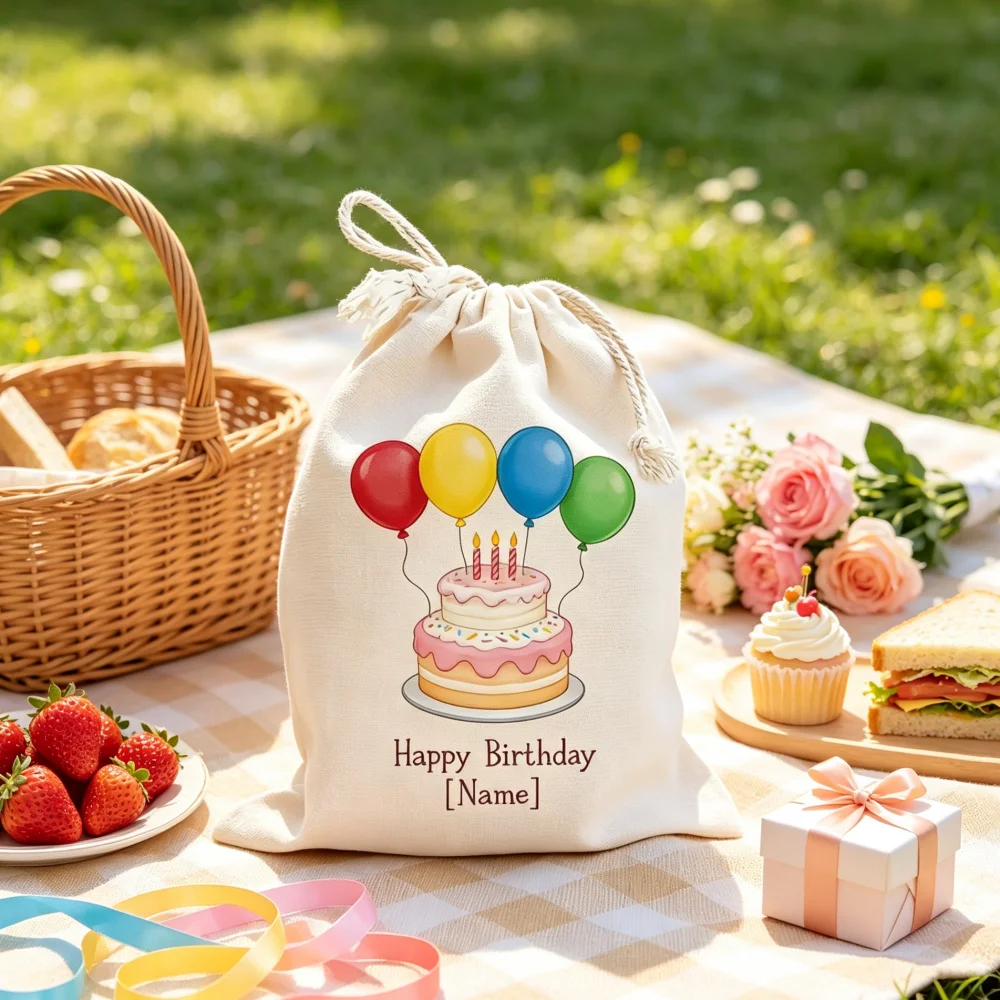 1Pc Personalized Custom Name/Text Imitation Hemp Drawstring Birthday Party Gift Bag,Cake Pattern Drawstring Closure Storage Bags