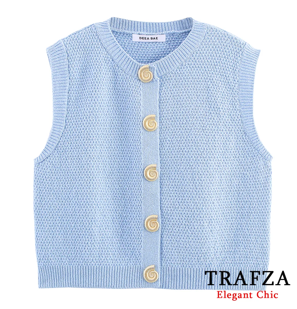 

TRAFZA Casual Lady Knitted Vest Blue Sleeveless Buttons Vest 2025 Spring Summer Fashion Holidays High Street Elegant Women Vest