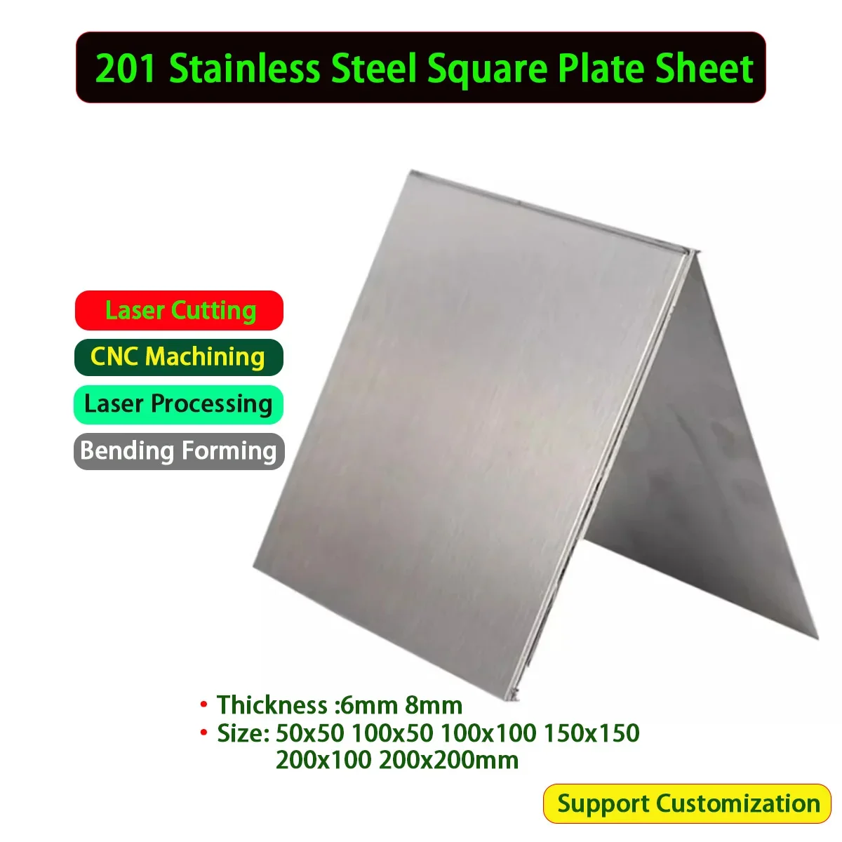 

201 Stainless Steel Square Plate Sheet Thickness 6mm 8mm Size 50x50 100x50 100x100 150x150 200x100 200x200mm