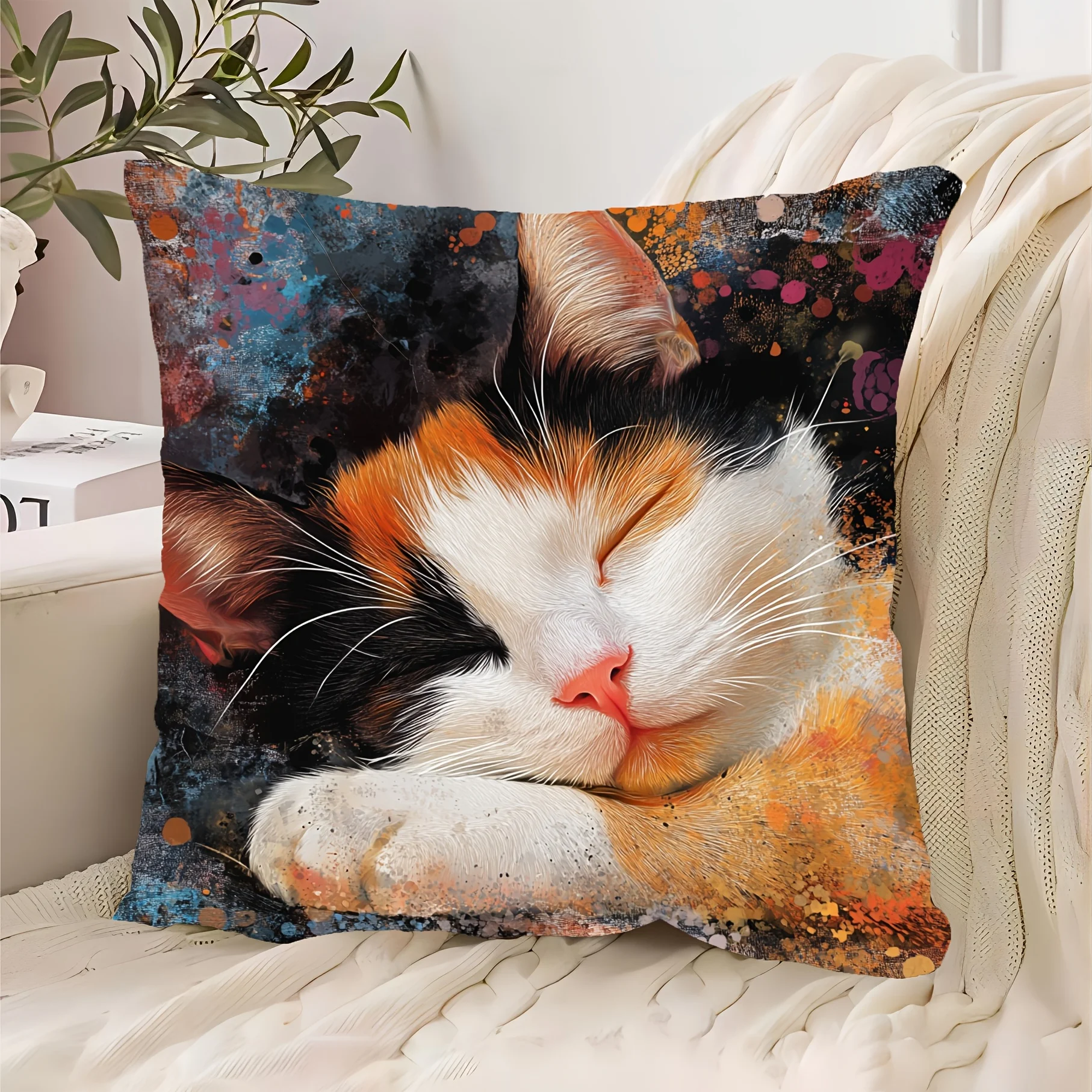 Decorative Cat Pillowcase Cute Sleeping Kitty Throw Cushion Cover Art Print 40x40cm Pet Decor Bed Home Gift