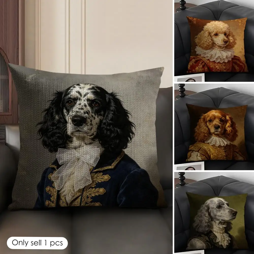 Renaissance Royal Noble Dogs Cushion Cover Skin-Friendly Organic Linen Pillow Cover Durable Hypoallergenic Washable Soft