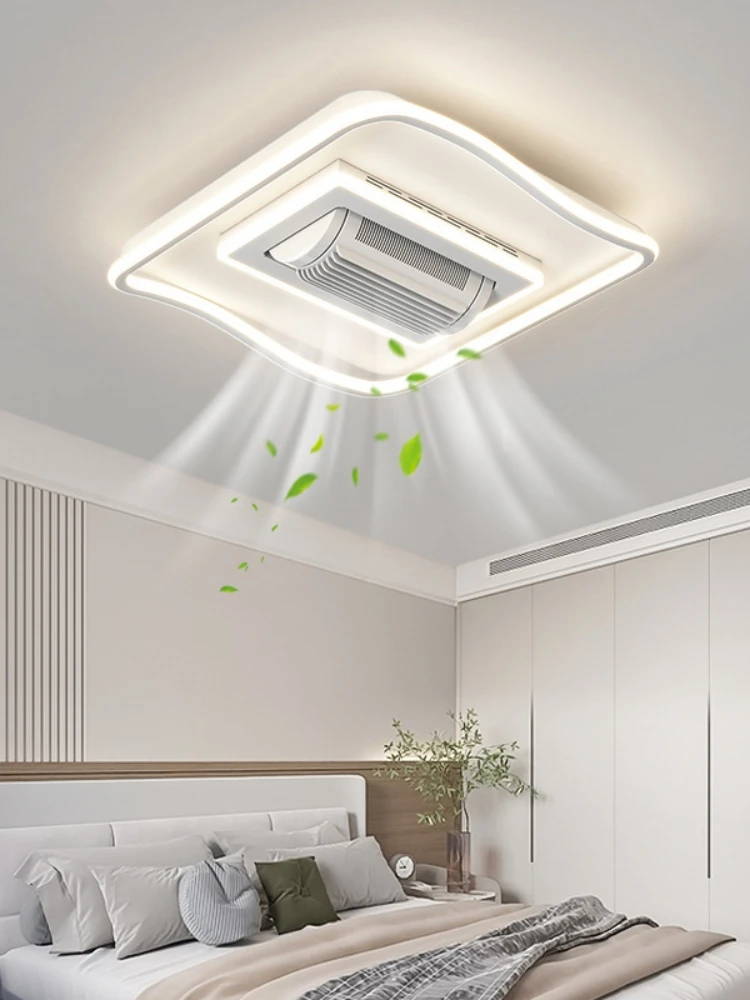Bezszkieletowy wentylator sufitowy z oświetleniem LED, sterowany pilotem, do salonu, sypialni, niewidoczny prostokątny wentylator z lampą do wnętrz. — 2