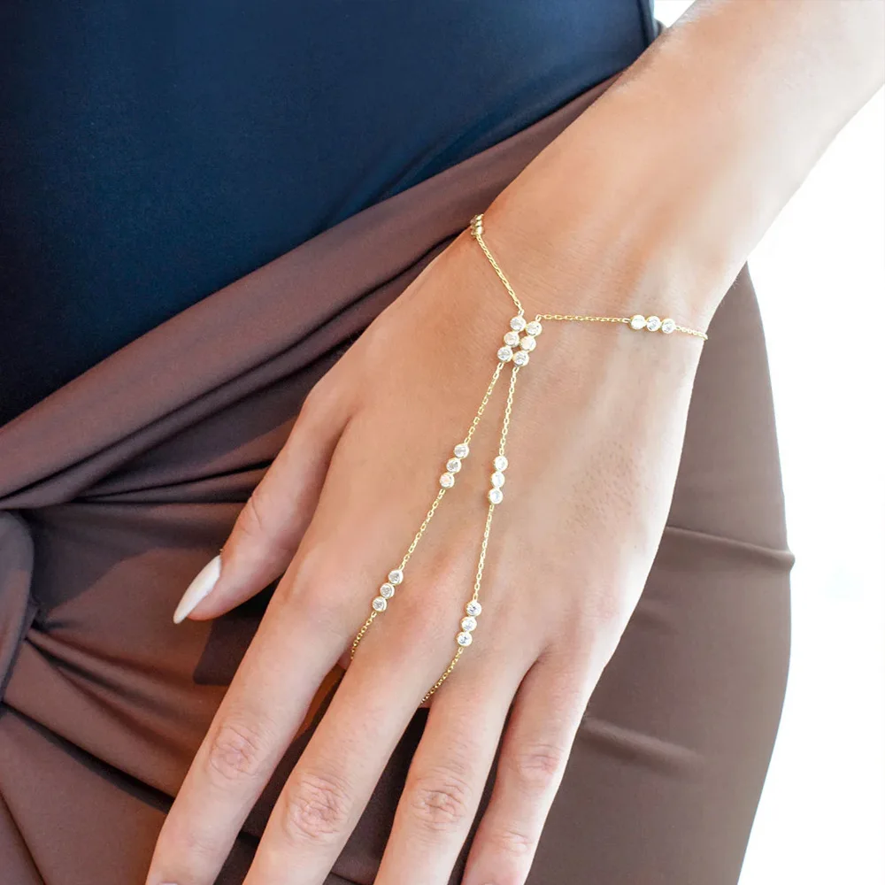Hand Chain Bracelet with Ring Silver Color Crystal Beaded Finger Chain Slave Bracelet for Women Boho Party or birthdays Gift