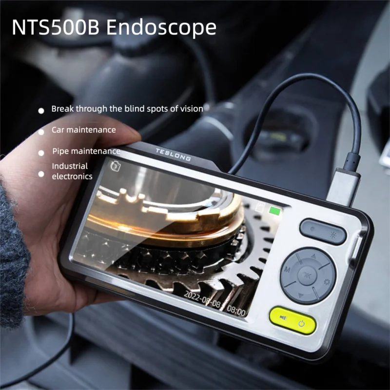 Teslong NTS500B Industrial Endoscope 5mm Dual Lens 5M Inspection Camera with 5 Inch Large Screen 200W Pixel Video Borescope