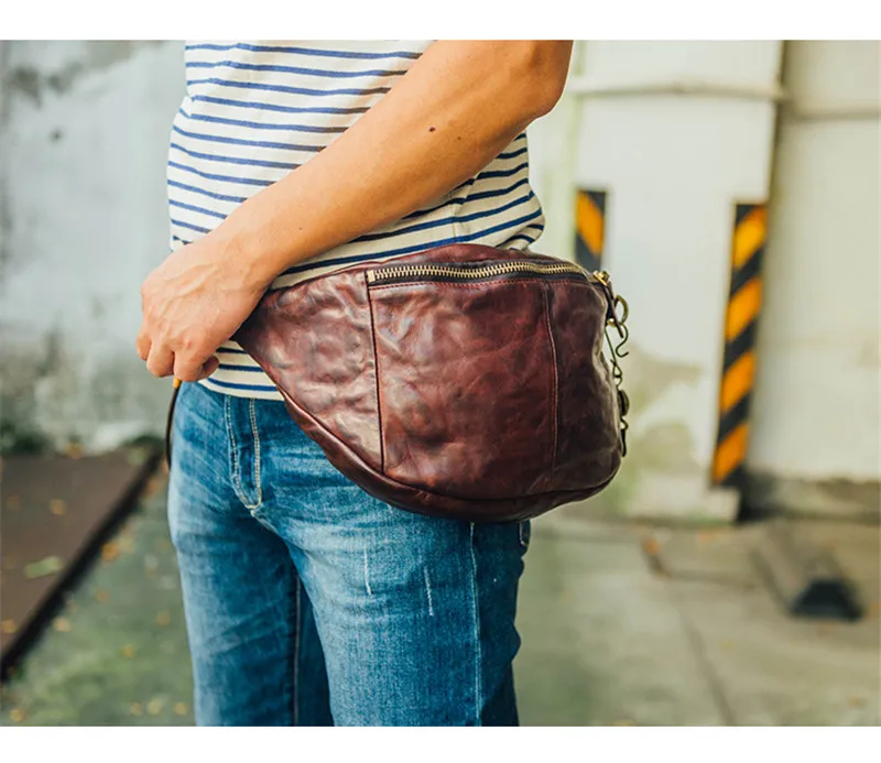 Fashion vintage luxury genuine leather men's chest bag casual natural first layer cowhide youth multifunctional waist packs
