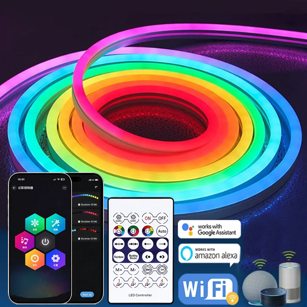 RGBIC Neon LED Tape 5V USB 1M-5M WiFi Bluetooth APP Remote Music Sync Light Work with Alexa Google Home for DIY Sign Home Decor