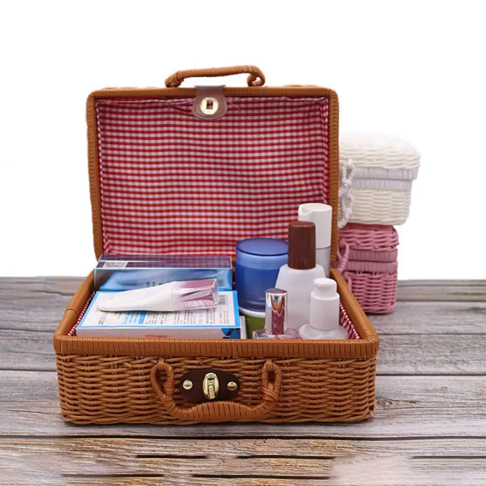 Vintage Rattan Woven Storage Case Makeup Holder Cosmetic Storage Container Souvenir Suitcase Sundries Home Organizer Box